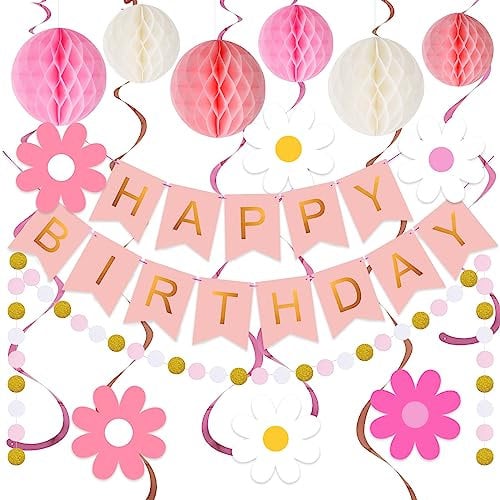 Rosa Dekorationen, Rosa Happy Birthday Banner mit Wabenball, Gänseblümchen Blume Hanging Swirl Streamer, Kreis Dot Girlande Dekoration, Geburtstag Party Dekoration für Frauen Mädchen