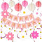 Rosa Dekorationen, Rosa Happy Birthday Banner mit Wabenball, Gänseblümchen Blume Hanging Swirl Streamer, Kreis Dot Girlande Dekoration, Geburtstag Party Dekoration für Frauen Mädchen