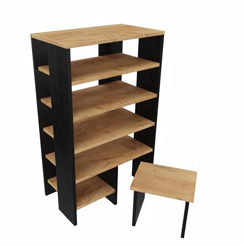 PLATAN ROOM Schuhregal mit Sitz schmal und hoch 100x60x35 cm Schuhablage mit 6 Ebenen Standregal Schuhschrank offen, Schuhablagen Flur Holz Standregal (Schwarz Matt/Eiche Gold)