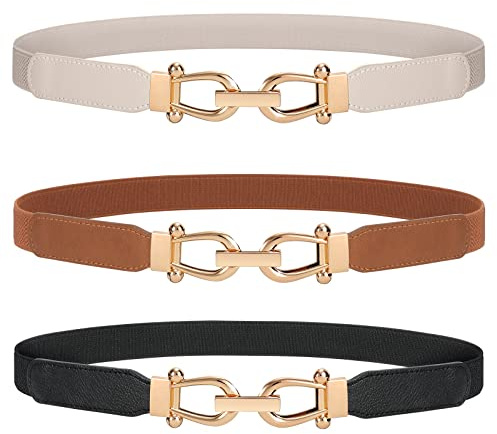 LEACOOLKEY Women Skinny Elastic Belt for Dresses,Thin Retro stretch Waist Belt with Golden Buckle