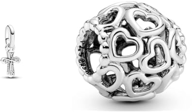 PANDORA ME Funkelndes Kreuz Mini-Charm-Anhänger aus Sterling Silber & All Over-Herzen Charm Sterling-Silber 11 x 11 x 10,7 mm (T/H/B)
