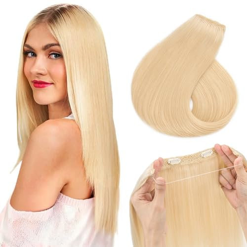 TESS 40 cm Flip In Extension Echthaar Blond mit 2 Clips, Haarverlängerung Mit Gummiband Echthaar Weiß Blond Echthaar Extensions Mit Gummiband Mit verstellbarem Draht 65g