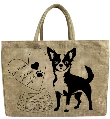 Domelo Einkaufskörbe. Bedruckte Einkaufstasche. Jute Tasche groß. Korbtasche, wasserabweisenden Strandtasche. Jutetaschen Shopper als Shopping bag. Nachhaltige Tragetasche (Chihuahua)