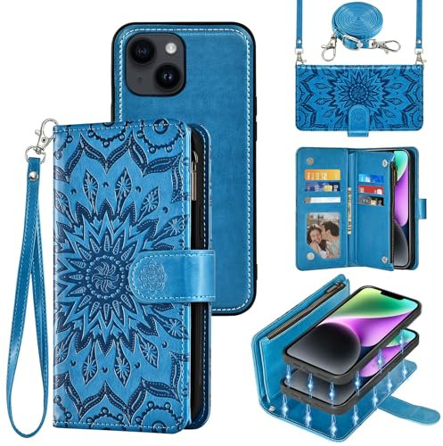 Phone Case for iPhone 14 6.1 inch Zipper Wallet Magnetic Detachable Cell Cover with Screen Protector Crossbody Lanyard Strap Flip Card Holder Slot iPhone14 5G i i-Phone i14 14Case Women Men Blue