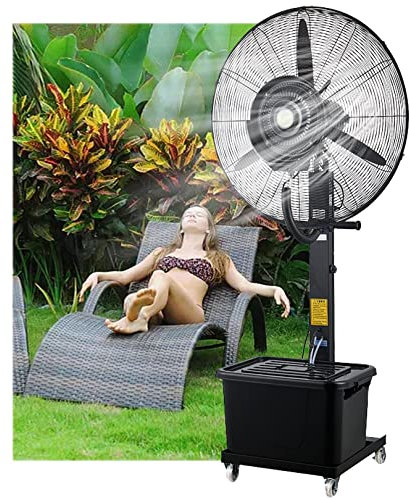 Ventilador de nebulización para exteriores, ventilador de pedestal oscilante de 90° con niebla para patio, restaurante exterior, garaje, gimnasio, taller de fábrica, 3 velocidades de enfriamiento (A