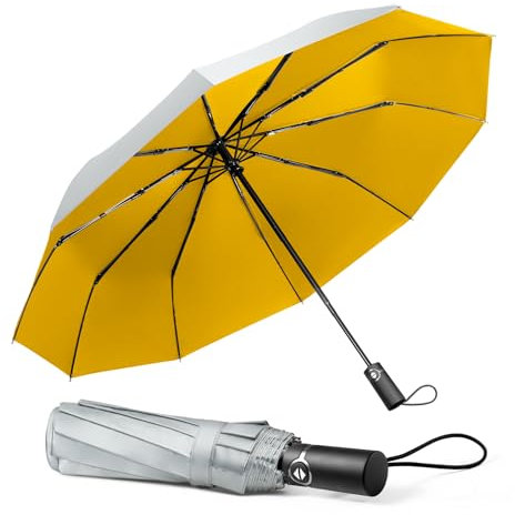 TechRise Parapluie Pliable, Parapluie Automatique Compact Coupe-vent avec 10 Baleines, Ouverture et Fermeture Automatiques à un Seul Bouton, Parapluie Portable pour Hommes et Femmes, Argenté et Jaune
