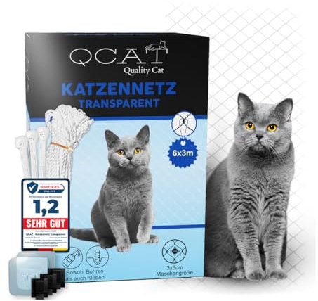 QCAT 7in1 Katzennetz für Balkon | universell, ohne Bohren, reißfest, Anpassungsfähig | Balkonnetz Fensterschutz Katzengitter Katzenschutz f. Katzen f. Fenster Balkon Terrasse (6x3m, transparent)