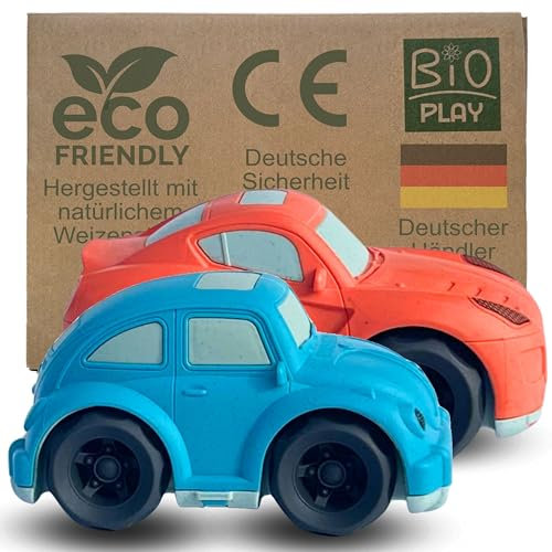 BIOPLAY® Spielauto 2-er Set Käfer und Scuderia-Style Rennwagen | Bio Kunststoff | Nachhaltiges Spielzeug ab 1 Jahr für Jungen und Mädchen | Spielzeug für 1 jährige