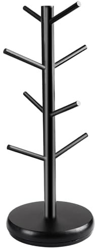 Coffee Cup Holder, Rotating 8 Hooks Tea Cup Tree, Coffee Counter Bar Multifunction Display Rack, Thicker Base Black Wooden Mug Organizer for Cafe Business Home