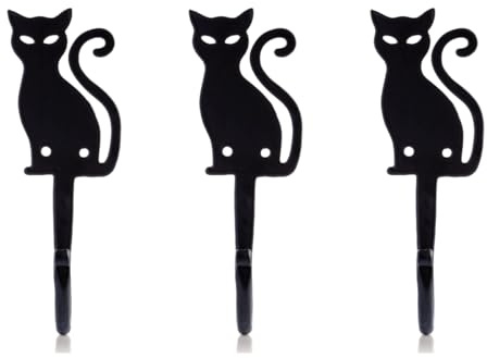 Fayesia Wrought Iron Wall Hooks - Blacksmith Handcrafted Set of 3 Black Wall-Mounted Hooks with Screws & Fittings - Animal Design Decorative Hooks for Towels, Bags, Hats & More (Cat)