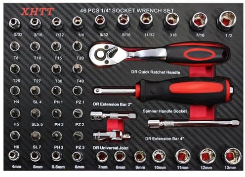 46-Piece 1/4Drive Socket Set,Metric and SAE Socket Set,Bit Socket Set And 72 Tooth Reversible Ratchet, Universal Joint, Extension Bars, Spinner Handle, with EVA Storage Tray, Cr-V Steel Made.