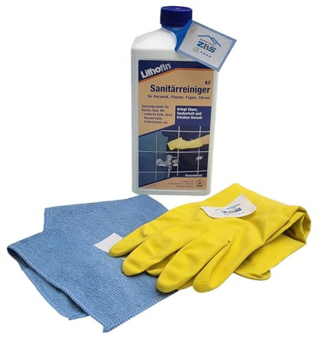 zbs24 Lithofin KF Sanitärreiniger, Konzentrat mit aktiven Säuren und hochwertigen Reinigungskomponenten, für Dusche und Bad, inkl. Latex Handschuhe und Mikrofasertuch 30x30cm (1 x 1 Liter)