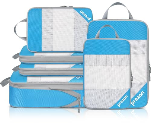 Prezon 6 Set Kompressions-Packwürfel, Durchsichtiges Design, Platzsparend, Leicht, Maßgeschneidertes Kationisches Material, Tragbarer und Langlebiger Gepäck-Organizer, Blau