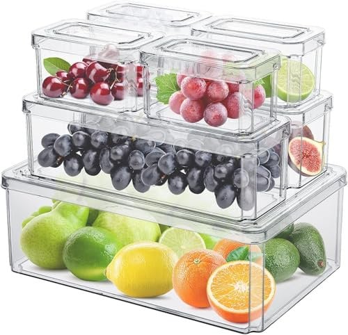 Voency Fridge Organisers, Set of 7 Fridge Storage Containers, Plastic Freezer Organisers with Lid, Clear Kitchen Storage Boxes with Lids, Food Storage Boxes to Keep Fresh Vegetable, Fruit & Meat,