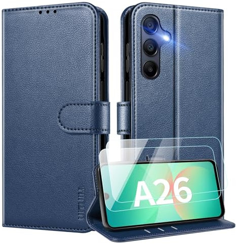 UITUIM Coque pour Samsung Galaxy A26 5G Coque Etui Portefeuille Cuir avec 2 Verre Trempé Protection Écran Porte Carte Rabat Clapet Flip Case Étui Cover Housse Etui pour Samsung Galaxy A26 5G,Bleu