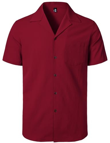 JEMITOP Men's Stretch Cuban Collar Shirt Summer Lightweight Short Sleeve Button Down Shirts with Pocket for Beach Vacation, Red, S