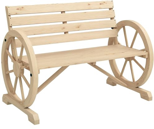 Outsunny 2 Seater Garden Bench Outdoor Garden Armrest Chair with Wooden Cart Wagon Wheel Rustic High Back Natural