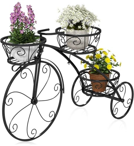 GOPLUS Soporte para Plantas en Forma de Bicicleta, Soporte Metálico para Macetas con 3 Cestas Huecas, Elegante Jardinera de Pie de Estilo Parisino Vintage para Patio, Jardín, Terraza (Negro)
