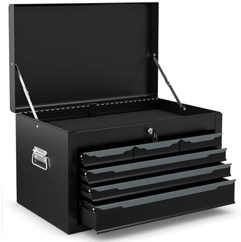 TANGZON Lockable Tool Box, Steel Tool Chest with 6 Drawer, Top Storage Tray, Automatic Lock, Ball Bearing Runners, EVA Liners & Carry Handle, Portable Toolbox Storage Cabinet for Garage (Black)