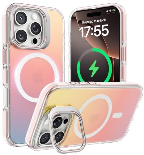 ORNARTO Compatible with iPhone 16 Pro Max Case 6.9, Wireless Charging Magnetic Phone Cases with Camera Stand, Rainbow Holographic Shockproof Iridescent Cover -Sunset