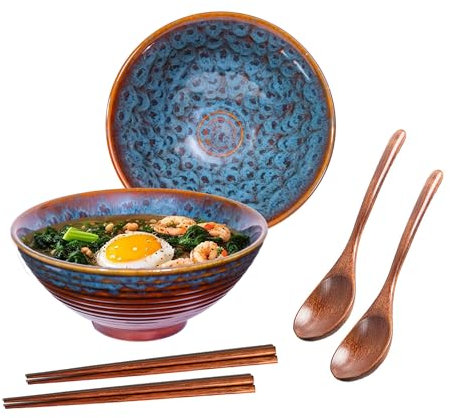 Ceraozmus 2X Ramen Bowl Ceramic - 1200ml - 20 cm - with Spoon and Chopsticks for Ramen Soup Pho Udon Asian Noodles, Large Noodle Bowls (Cat's Eye Glaze 2 Set)
