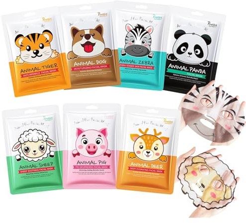 7 Stück Tiermuster Gesichtsmaske Set, Multifunktions Skincare Set für Teenager Mädchen Geschenke, Feuchtigkeits & Nähren Tuchmasken Gesicht Set mit Niacinamid, Beruhigend Hautpflege Geschenkset Frauen
