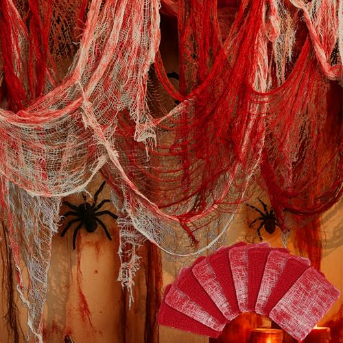 Watayo 10 Stück rote, blutige Halloween-Gruseltuch, 180,3 x 76,2 cm, Spukhaus, gruselige Gaze-Dekoration, gruselige Stofftuch, hängende Halloween-Dekoration für bösen Zirkus, Hof, Tür, Horror-Thema