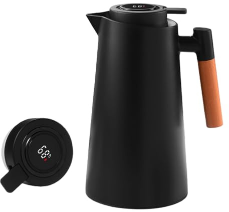 GOEDCH Tee Thermoskanne mit Temperaturanzeige: 1L Isolierkanne Kaffeekanne mit Teesieb hält 24 Stunden Heiß, Doppelwandige Vakuumisolierung Isolierkanne für Home Hotel Office, Schwarz