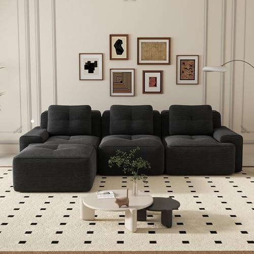 Sofá esquinero convertible, 293 cm, sofá de 4 plazas, en L, compresible, sofá modulable Cloud con asiento profundo, sofá cómodo y libremente combinable para el salón, pana, negro