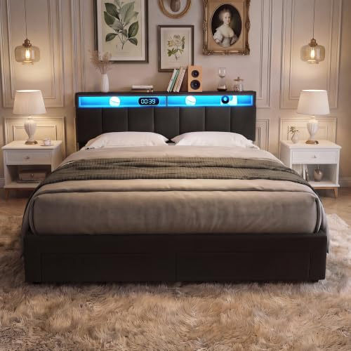 Bett mit hydraulischer Aufbewahrung 160x200,Polsterbett Doppelbett gepolstert mit 2 Schubladen,Hydraulisch Stauraumbett,Funktionsbett Jugendbett,LED Doppelbett (Grau+Leinen-A)