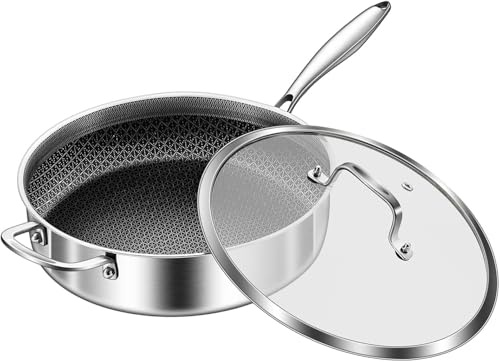 Nontoxicook 30cm 5.7L Tri-Ply Ceramic Non-Stick Saute Pan | Non-Toxic Tri-Ply Stainless Steel Deep Frying Pan with Lid, Oven Safe and Suitable for All Hobs Including Induction