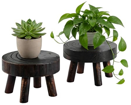 SIGONE Wood Plant Stand 2 Pack, Mini Wooden Stool Display Stand, Boho Bonsai Holder Decorative Flower Pot Holder for Garden Living Room Balcony Office Dark Brown