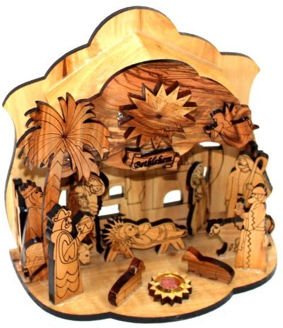 Heiligen Land Markt Musikalische Olivenholz Krippe geschnitzt von Laser mit Weihrauch aus Jerusalem (18 cm oder 16,5 cm)