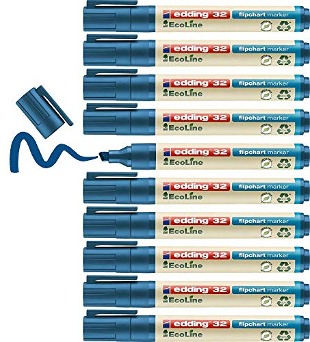 edding 32 EcoLine Flipchartmarker - blau - 10 Stifte - Keilspitze 1-5 mm - zum Schreiben, Zeichnen auf Flipcharts - Tinte schlägt nicht durch Papier - trocknet nicht aus - nachfüllbar