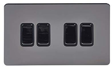Schneider Electric Ultimate Screwless Flat Plate - 4 Gang Rocker 2 Way Light Switch, Single Pole, 16AX, GU1442BBN, Black Nickel with Black Insert