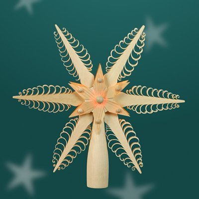 Rudolphs Schatzkiste Baumschmuck Christbaumspitze EL. Beleuchtet Mitte mit Holzstern(Beidseitig) BxHxT=20x20x3cm NEU Weihnachten Christbaum Baum Spitze Holzschmuck Holz Seiffen Erzgebirge De