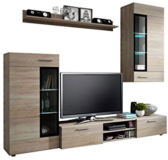 Wohnwand Twist, Design Modernes Wohnzimmer Set, Anbauwand, Schrankwand, Vitrine, TV Lowboard, Mediawand, (mit weißer LED Beleuchtung, Sonoma Eiche)
