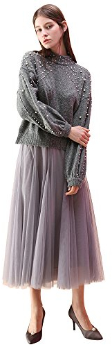 CHICWISH Maxirock für Damen, Flieder/Creme/Grau/Rosa/Schwarz, geschichtet, Netzstoff, Ballett, Abschlussball, Party, Tüll, A-Linie, Maxirock, GRAU