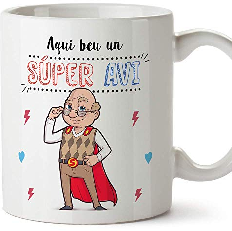 MUGFFINS Taza Abuelo (En Catalán) - Aquí beu un Súper Avi - Taza Desayuno/Idea Regalo Día del Padre. Cerámica 350 mL