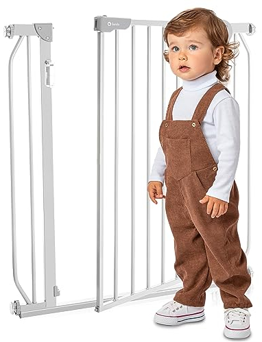 LIONELO Truus Slim LED Cancelletto di sicurezza con luce, Larghezza regolabile da 75 a 105 cm con Fissaggio a Pressione, Alt 77 cm, Apertura entrambe le direzioni, LED con sensore crepuscolo