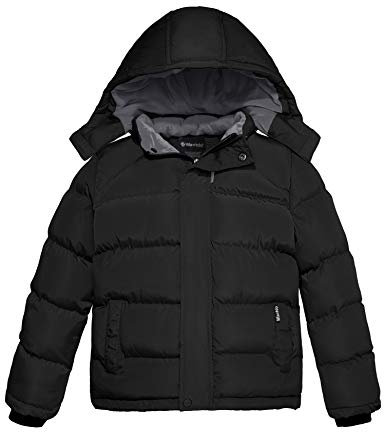 Wantdo Garçon Veste Rembourrée en Coton Chaude Hiver Blouson à Capuche Manteaux d'Extérieur Veste Doublée en Polaire Coupe-Vent Manteau Matelassé Noir 152-158