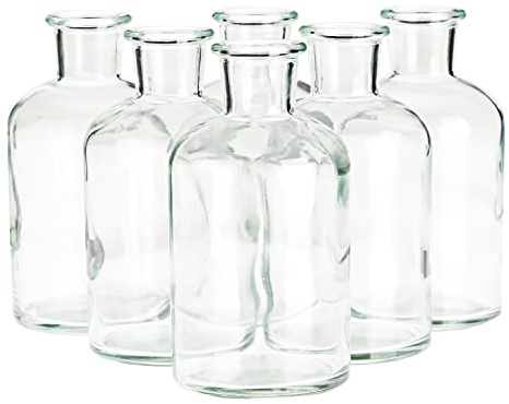 6 Pack Clear Glass Decorative Bottles, 7.5 oz Bud Vases for Flowers, Table Centerpieces, Essential Oils, Beauty Products, Home Decorations, Apothecary (7.1 x 12.7 cm)