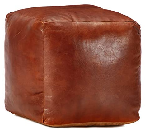 CHAHO Ziegenleder,Baumwolle füllen,Sitzhocker, Sitzpuff, Sitzmöbel, Pouf Hellbraun 40 x 40 x 40 cm Ziegenleder