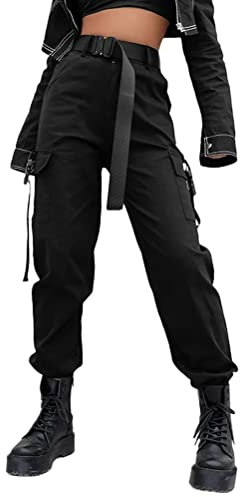 Onsoyours Femme Cargo Pantalon Streetwear Multi-Poches Gothique Pantalon Mode Hip Hop Taille Haute Punk Pantalons Long Harajuku Danse Bas de Survêtement B Noir M