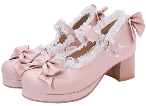 USHOBE 1 Paar Mary Schuhe mit Spitze für Frauen Süße Bownot Lolita Schuhe Knöchelgurt Klobige Absätze Kawaii Plattform Pumps für Frauen Mädchen
