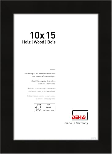 DEHA Design Bilderrahmen, 10 x 15 cm, Holz, Schwarz, Fotorahmen zum Auftstellen im Hoch- & Querformat, bruchsicheres Kunstglas, Fontana
