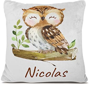 Personalisiertes Babykissen mit Tierdruck – weiches Fleecekissen mit Namen und Datum zur Taufe oder Geburt – Babygeschenk oder Geburtskissen - Kinder Kissenbezug - Kopfkissenbezug (Eule)