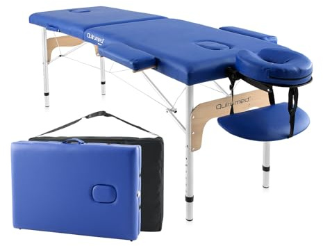 QUIRUMED Camilla de Masaje Plegable de Aluminio Easy, Color Azul, 180 x 60 cm, Polipiel, Portátil, Ligera Cabezal extraíble, Orificio Facial, Altura Regulable, hasta 120 kg