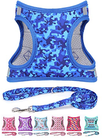 Moonpet Step in Air Hundegeschirr Leine Set – Reflektierendes Blumenmuster gepolsterte Netzweste Geschirr für Katzen, Welpen, extra kleine, kleine, mittelgroße Hunde - Blaue Tarnung -XXS
