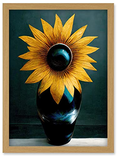Doppelganger33 LTD Modern Bright Single Yellow Black Sunflower In Vase Artwork Framed Wall Art Print A4
